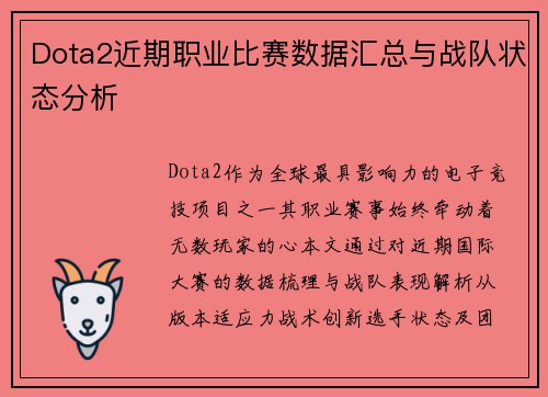 Dota2近期职业比赛数据汇总与战队状态分析