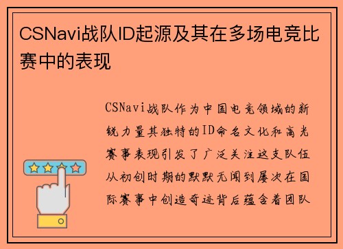 CSNavi战队ID起源及其在多场电竞比赛中的表现